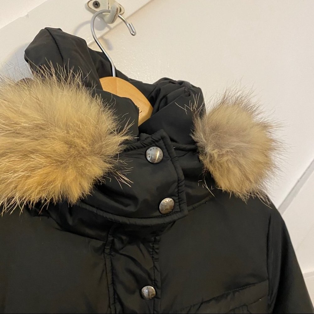 Marc New York Fur Detachable Hood Down Button Down Belted Puffer Jacket Black S - Picture 5 of 11